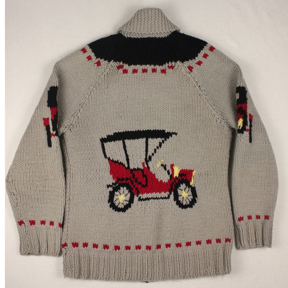 Vintage Mary Maxim Antique Autos 433 "Cowichan" Car Mens L Sweater Zip Cardigan - Picture 2 of 14